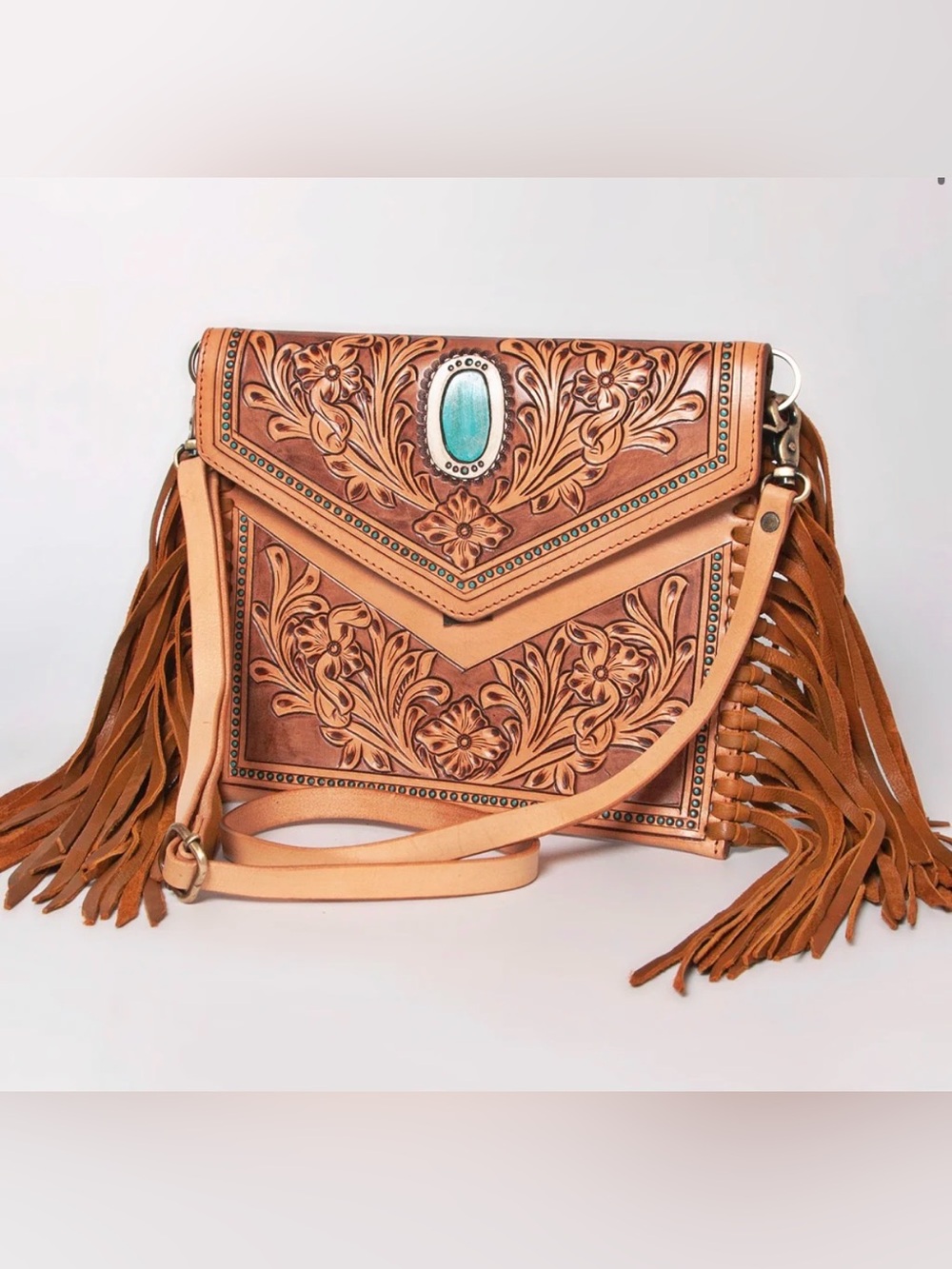 Western Bag Hand-Tooled Floral Fringe Crossbody Bag in Tan with Turquoise Accent